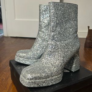 Women’s Silver Glitter Chunky High Heel Platform Boots